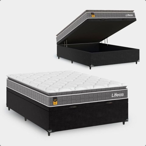 Cama Box Baú Viúva Preto + Colchão Life D33 Pillow Top 61x128x188cm Cinza - e-Shop Casa