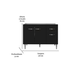 Balcão Gabinete para Pia Gabriela sem Tampo 120cm 3 Portas 1 Gaveta Preto - 3