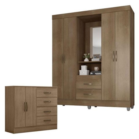Guarda Roupa Casal Capela e Cômoda 4 Gavetas 2 Portas Lite Carvalho Oak - Móveis Leão
