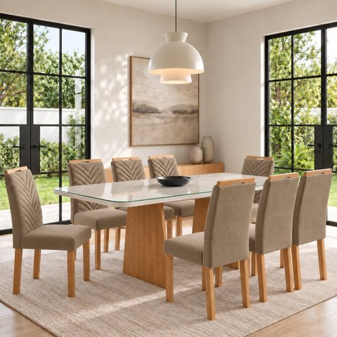 Conjunto Sala de Jantar 8 Lugares Retangular Tampo Vidro/MDF 200x90cm Mesa Lyra e Cadeiras Carol