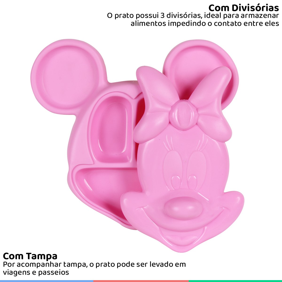 Prato Infantil Alimentação do Bebê com Tampa e Divisórias Formato Minnie Mouse 3d Rosa Disney - 2