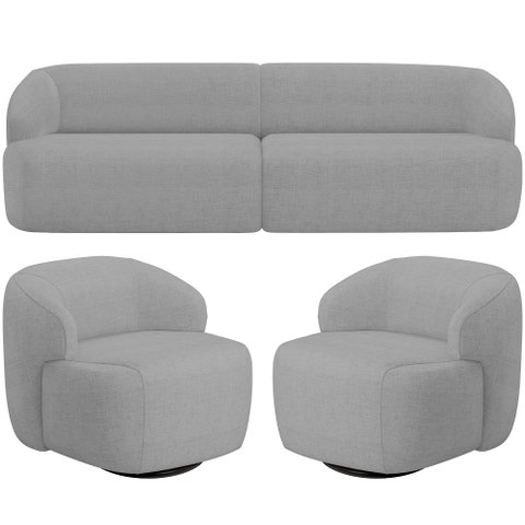 Sofá 3 Lugares Curvo Orgânico com 02 Poltronas Para Sala Living 220cm Barolo L06 Linho Cinza Escuro 