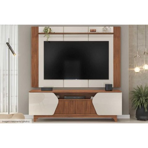 Rack Bancada C/ Painel P/ Tv até 75 Pol Helo 4 Portas Off White/freijó - Dj Móveis