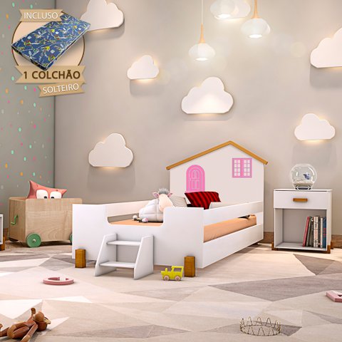 Cama Infantil Solteiro Belissima Rosa - Branca e Mel + Colchão