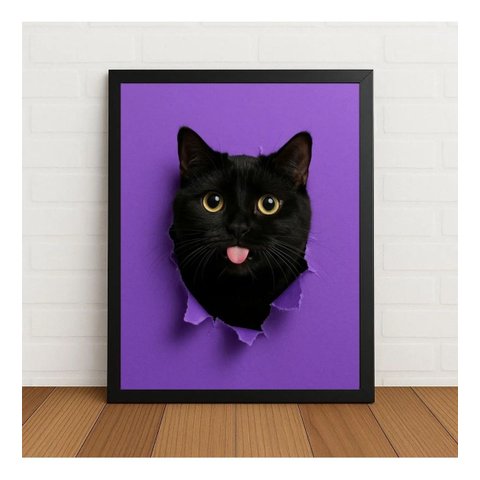Quadro Gato Preto Fofo com Fundo Roxo 33x24cm com Vidro Preto
