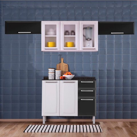 Cozinha Itatiaia Luce com Armários Aéreos e Balcão 2 Gavetas 8 Portas 3 Vidros Preto / Branco