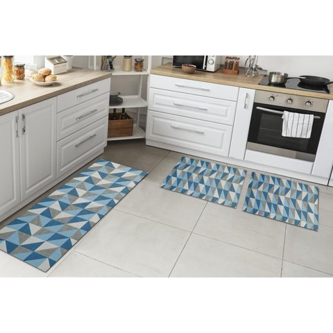 Kit Tapetes e Passadeira De Cozinha 3 Peças Antiderrapante Ladrilhos Azul