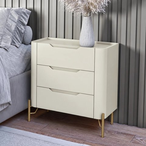 Mesa de Cabeceira Bend 3 Gavetas Incolar Luna com Pé Dourado