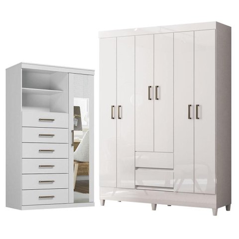 Guarda Roupa Casal Fit 6 Portas de Bater com Cômoda Marabá 8 Gavetas MDP Branco Brilho Santos