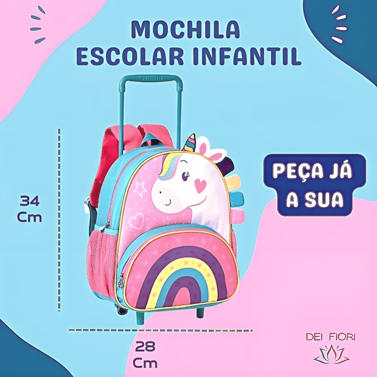 Mochila Infantil Escolar Unicornio Rodinhas Alças Ajustaveis - 3