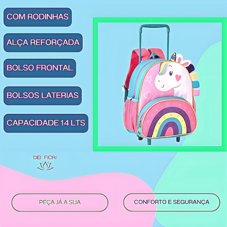 Mochila Infantil Escolar Unicornio Rodinhas Alças Ajustaveis - 2