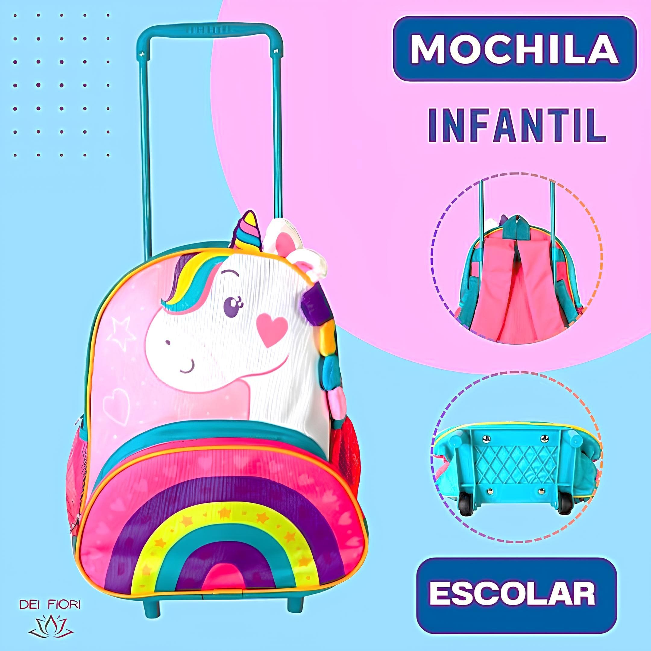 Mochila Infantil Escolar Unicornio Rodinhas Alças Ajustaveis - 6