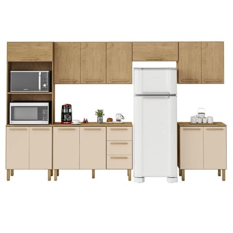 Cozinha Clarice 6 Módulos MDF MDP Amêndoa com Nicho para Micro-Ondas Milani Movelaria