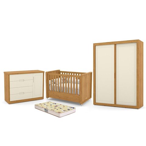 Dormitório Tutto New 2 Portas, Cômoda 1 Porta, Berço Freijó/Off White com Colchão D18 - Matic Móveis