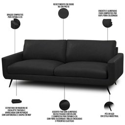 Sofá 2 Lugares para Sala de Estar Living Industrial 183cm Dijon L06 Couro Preto - Lyam Decor - 4