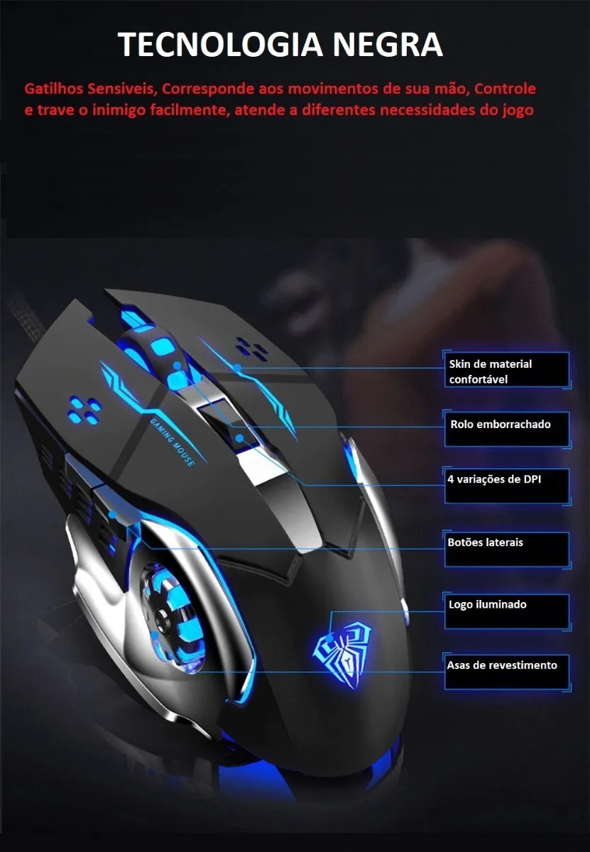 Mouse Gamer LED Ergonômico Óptico E-Sports 2400 DPI USB 6 Botões Gaming Aula S20 Mountain - 4
