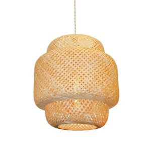 Pendente Bali 40cm Madeira e Fibra de Bambu Natural Soquete E27 Design Rústico para Ambientes Intern