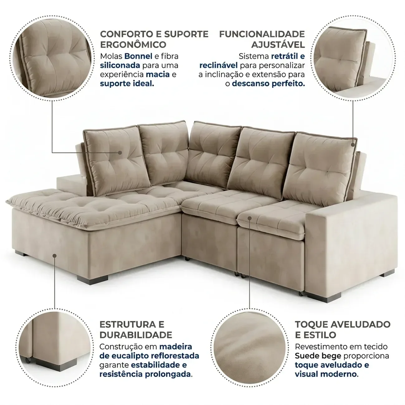 Ver imagem 4 de Sofá de Canto 5 Lugares Stela 280cm Suede Bege