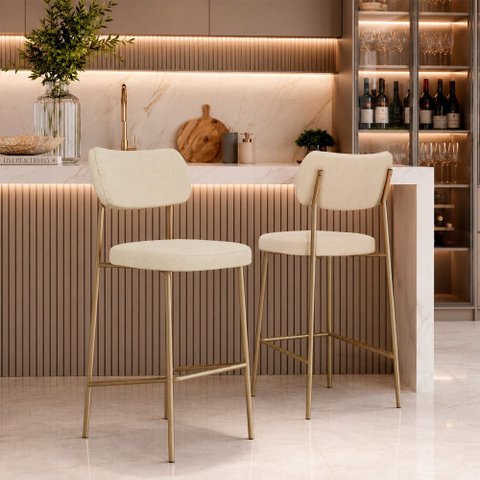 Kit 2 Banquetas Baixa Sala de Jantar Lisa Pés Champanhe Linho Bege m² - Monari Design