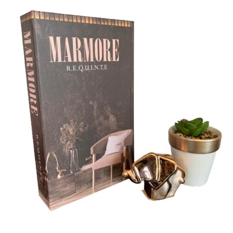 Livro decorativo, vaso artesanal e elefante rose gold