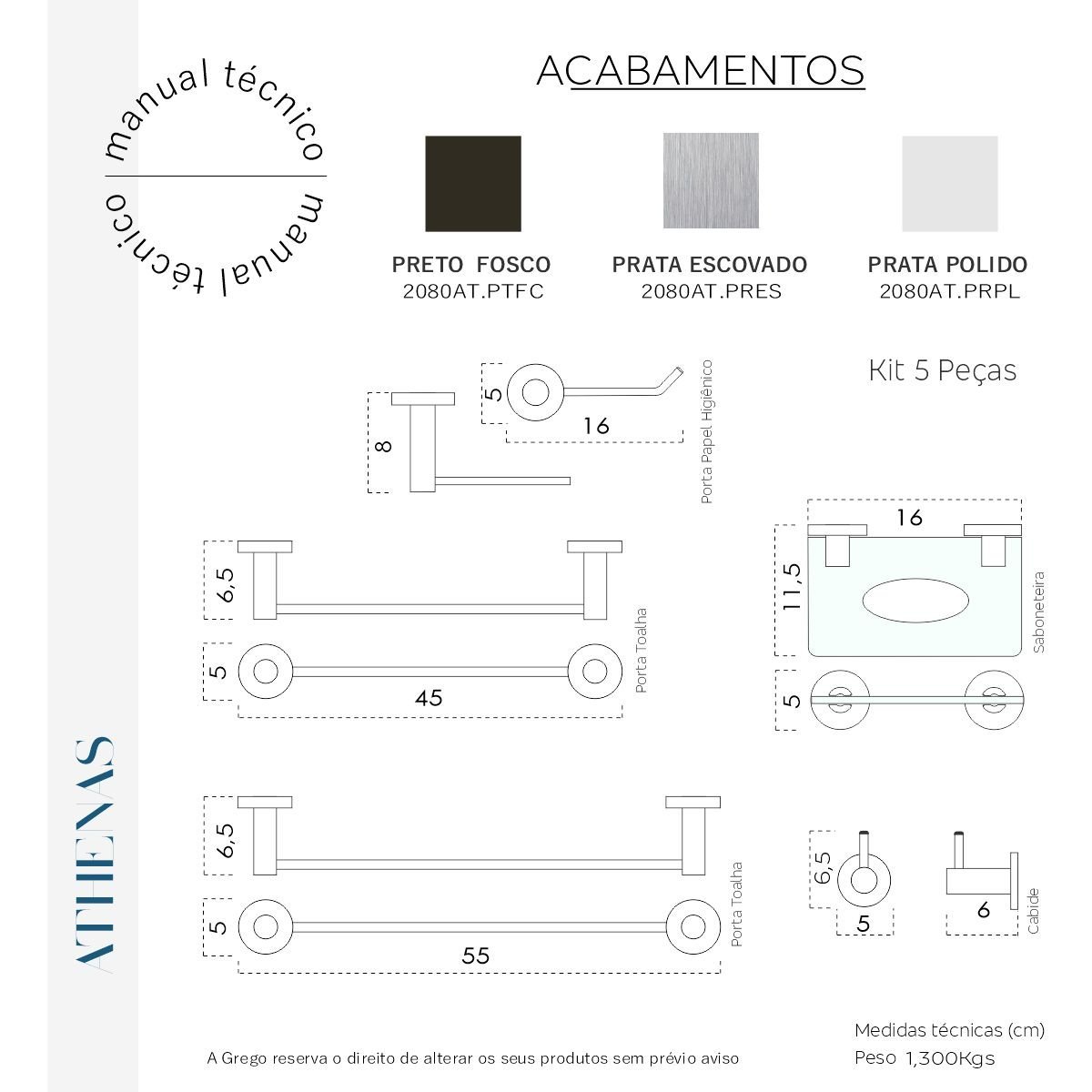 Kit de Acessórios para Banheiro 5 Peças Grego Metal Suporte Redondo Preto Fosco Athenas - 5