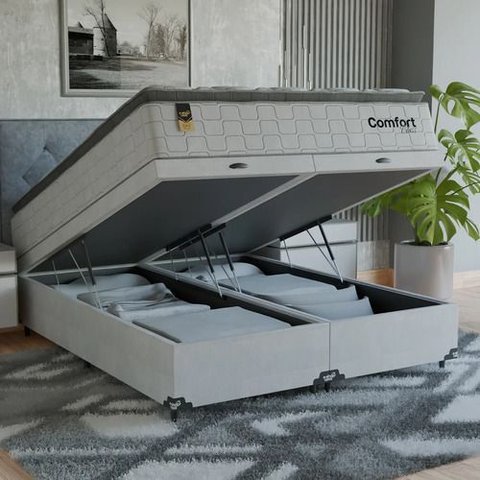 Cama Box Baú Queen + Colchão Comfort Class Pillow Top Branco/suede Branco