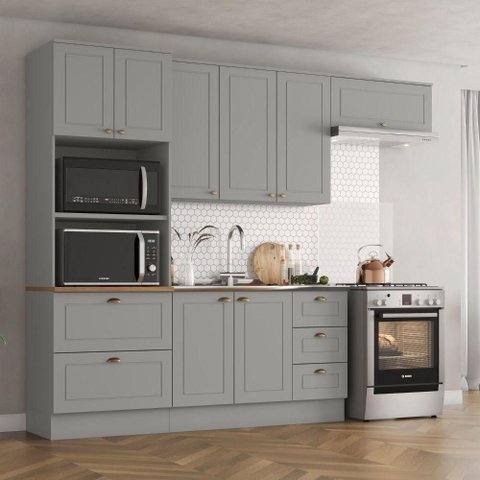 Cozinha Modulada 4 Peças 8 Portas 5 Gavetas Americana Henn Cinza
