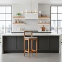 Ver imagem 1 de Kit 6 Banquetas Madeira Mel Cozinha Encosto Palha Indiana:Mel com Linho Cinza