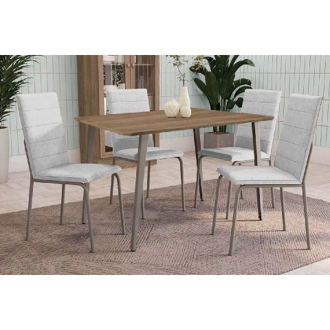Conjunto: Mesa Sala Jantar Iguaçu C/ Tampo de Madeira 90cm e 4 Cadeiras Amsterdã Niquel/branco 106