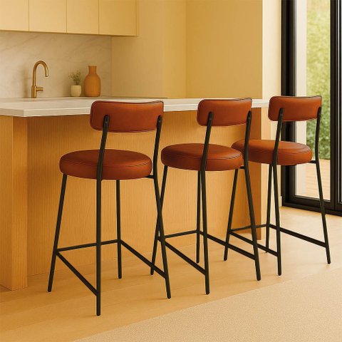 Banqueta Cozinha Média com Encosto Industrial Preto Kit 3 Londres Pu Nozes D03 - D'rossi