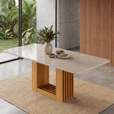 Mesa de Jantar Retangular 210x100cm MDF/Vidro Jambu CabeCasa MadeiraOriginals Off White/Cinamomo