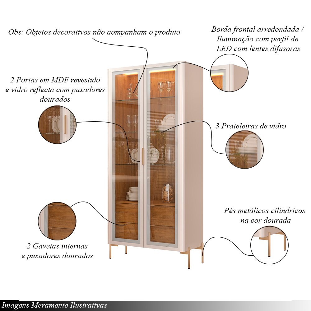 Cristaleira Decorativa Vitória com 3 Prateleiras e 2 Portas de Vidro Iluminação Led Pés Metálicos do - 3