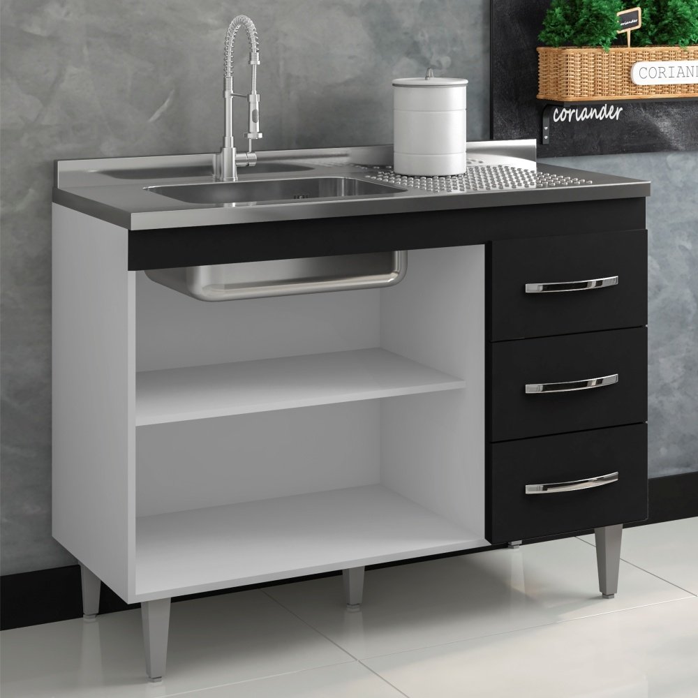 Balcão para Cozinha Laura 1,2 Branco Preto sem Tampo - 3
