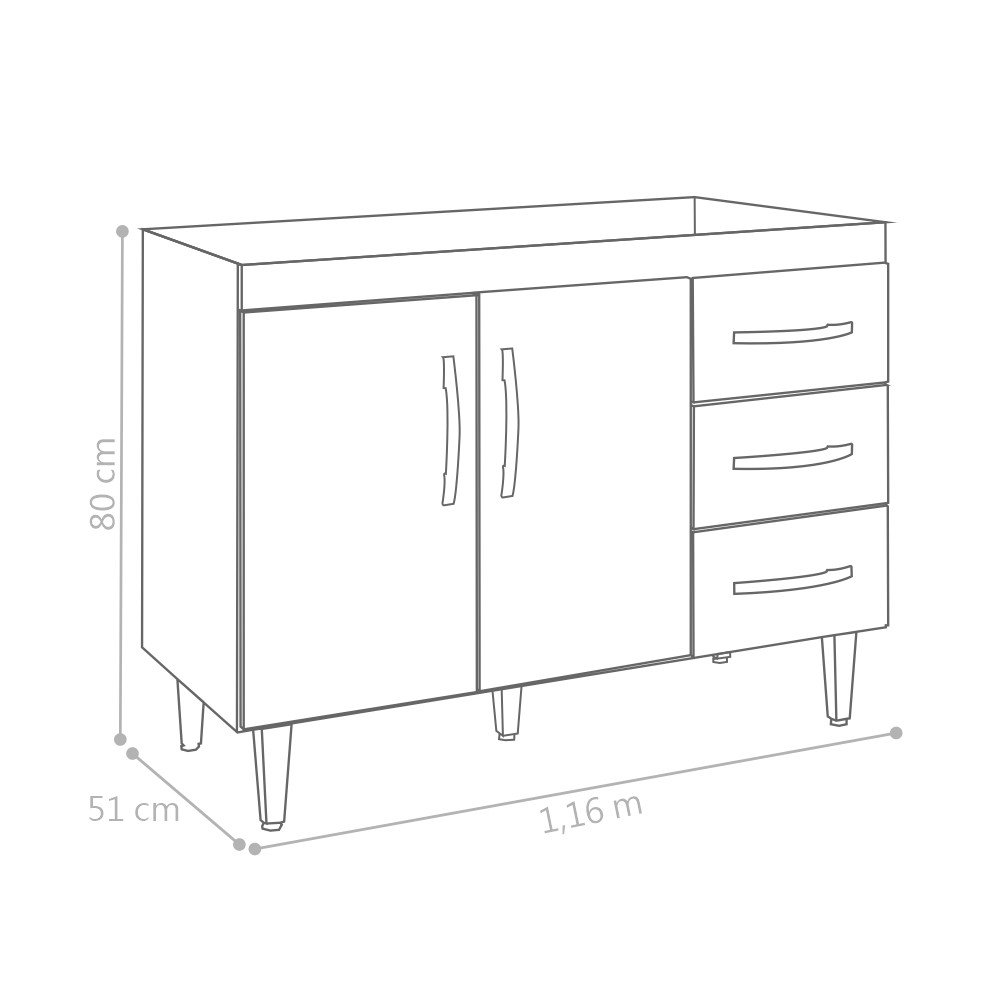 Balcão para Cozinha Laura 1,2 Branco Preto sem Tampo - 2