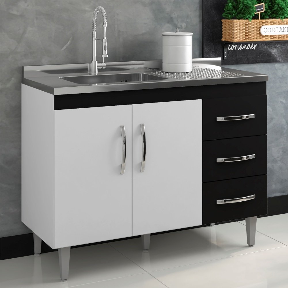 Balcão para Cozinha Laura 1,2 Branco Preto sem Tampo - 1