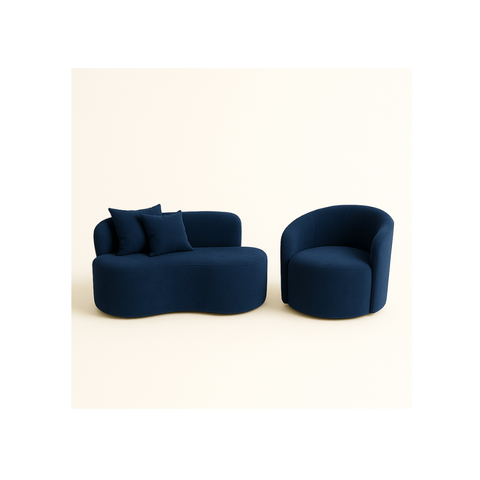 Conjunto 01 Poltrona + Sofá Curvo Orgânico Nature Gaia Suede Azul Marinho - Montanaris Decor