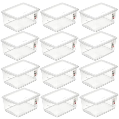 Kit 12 Caixas Plásticas Cesto Organizador Tampa Click Empilhável 33,5x24cm Ordene