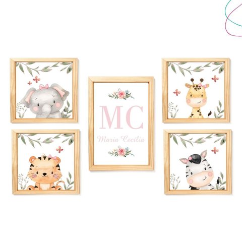 Kit 5 Quadros Decorativos Safari Baby Aquarela Menina:pinus