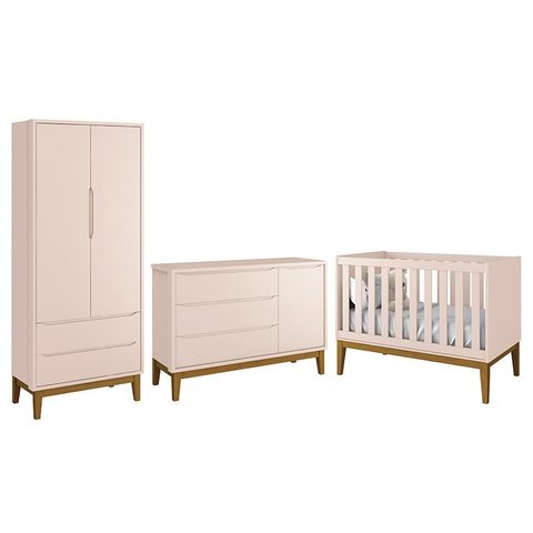 Dormitório Infantil Classic 2 Portas, Cômoda 1 Porta e Berço Rosa Fosco com Pés Amadeirado - Reller