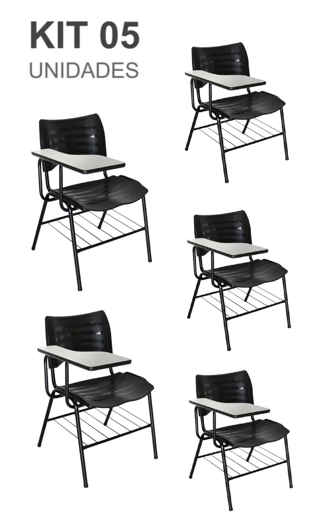 KIT 05 Cadeiras Escolar com porta livros cor Preto - 1