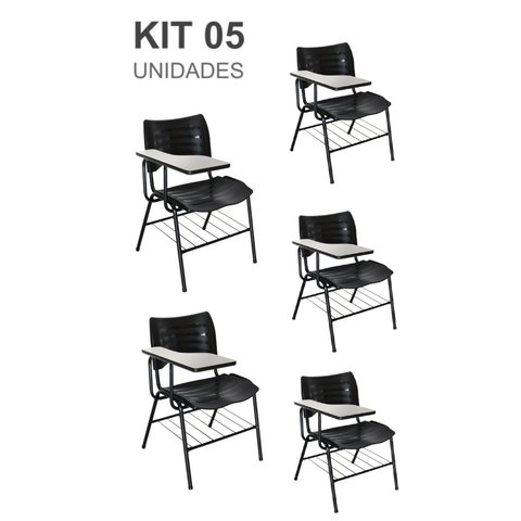 KIT 05 Cadeiras Escolar com porta livros cor Preto