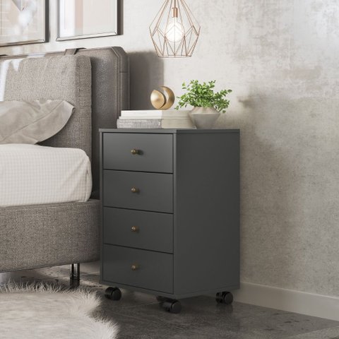 Mesa de Cabeceira Lateral Apoio 4 Gavetas Presence Rodízios para Quarto Amendola Grafito Demóbile
