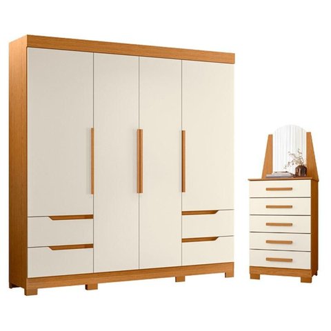 Guarda Roupa Solteiro Vivacce 04 Portas e Cômoda New Veneza Cinamomo Off White - Móveis Albatroz