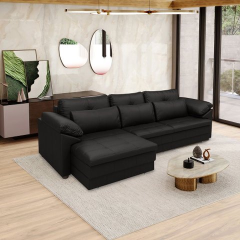 Sofá Retrátil Elétrico Sala de Estar Nolan Bipartido 257cm Conforto Premium em Couro Preto Brilho G5