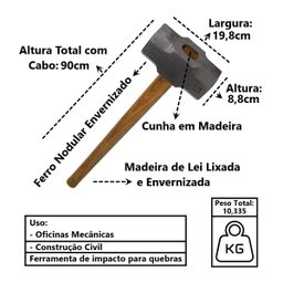 Marreta Premium Cabo e Cunha de Madeira Envernizado 10kg Minasul - 5