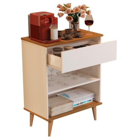 Buffet / Balcão Bi Estilo Retrô com Pés em Madeira Maciça Cor Off White / Freijó Jm