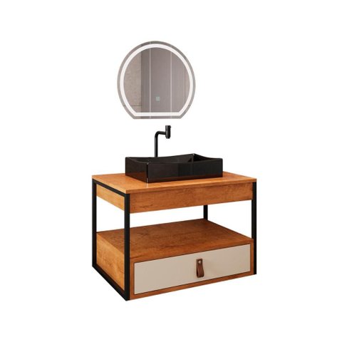 Gabinete Harley com Cuba Torneira Espelho Redondo Led 50cm Nature/off White