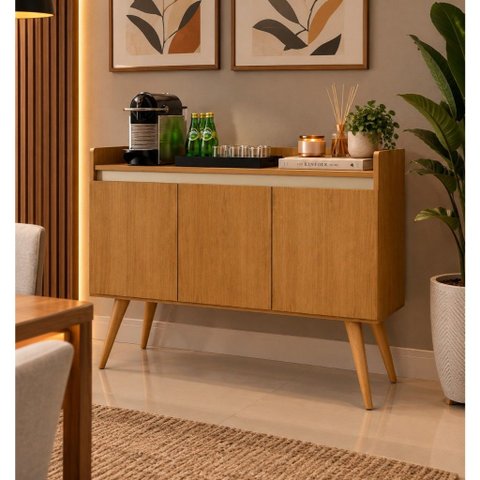 Buffet Gold Primus 3 Portas com Pés de Madeira - Mel/Pérola