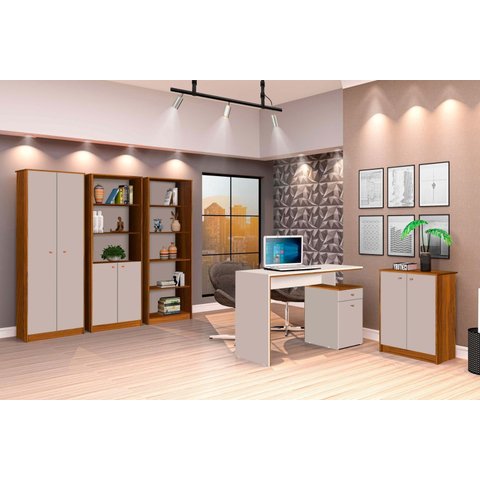 Conjunto 3 Armários Organizador e 1 Mesa Escrivaninha Office 1 Balcão Escritório Offwhite com Nature