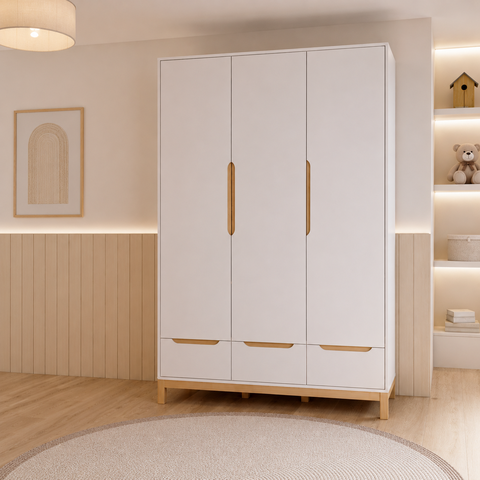Guarda Roupa Infantil 3 Portas 3 Gavetas Linha Cozy Branco com Carvalho - Quater Móveis